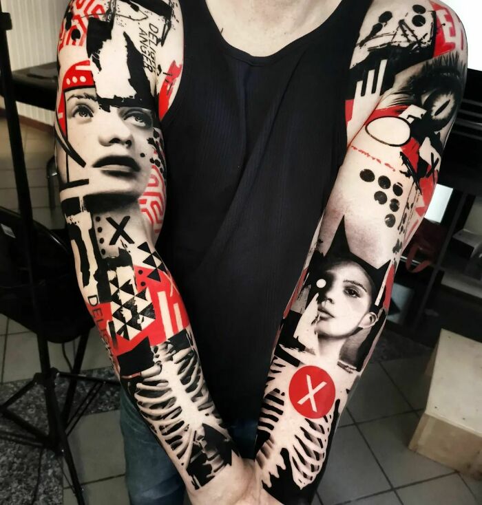Person with Trash Polka tattoo designs on both arms, featuring abstract patterns and portraits.