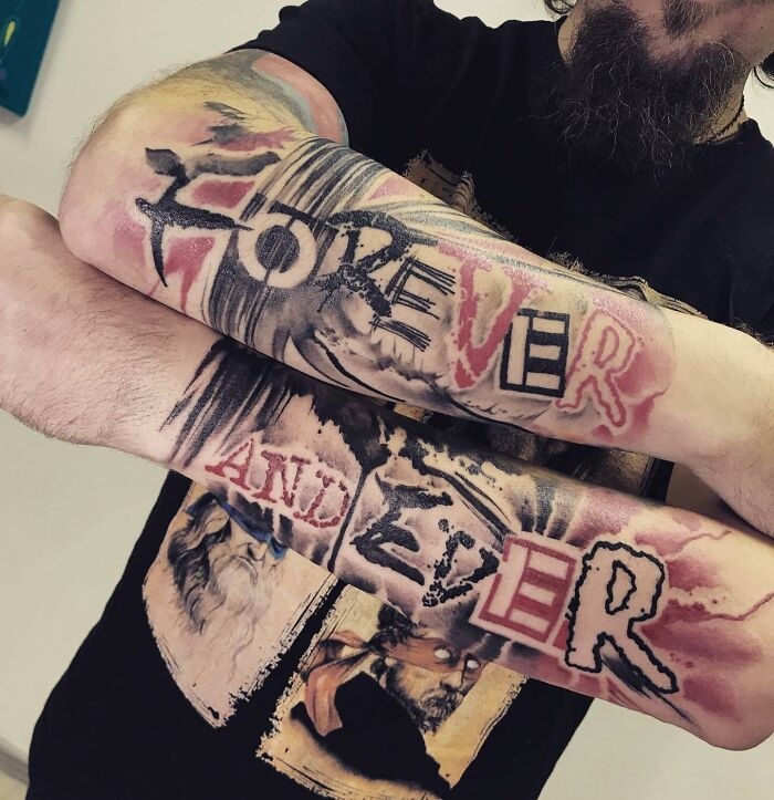 Trash Polka tattoo design on arms with "Forever and Ever" text, featuring abstract art elements.