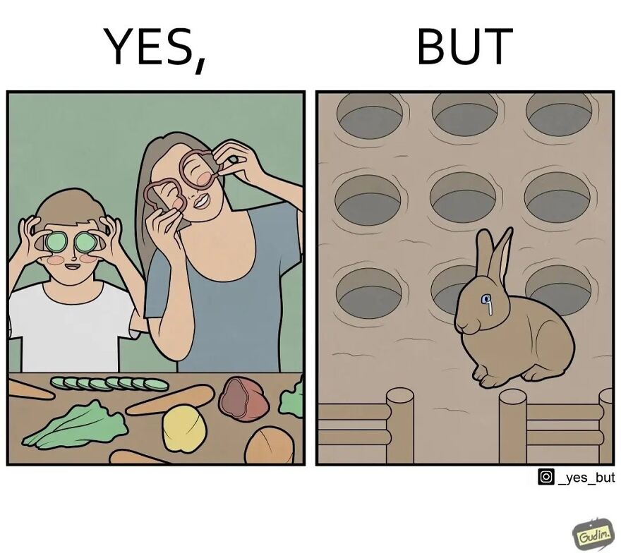 Illustration from Yes But series showing society's contradictions with a woman and child and a sad caged rabbit.