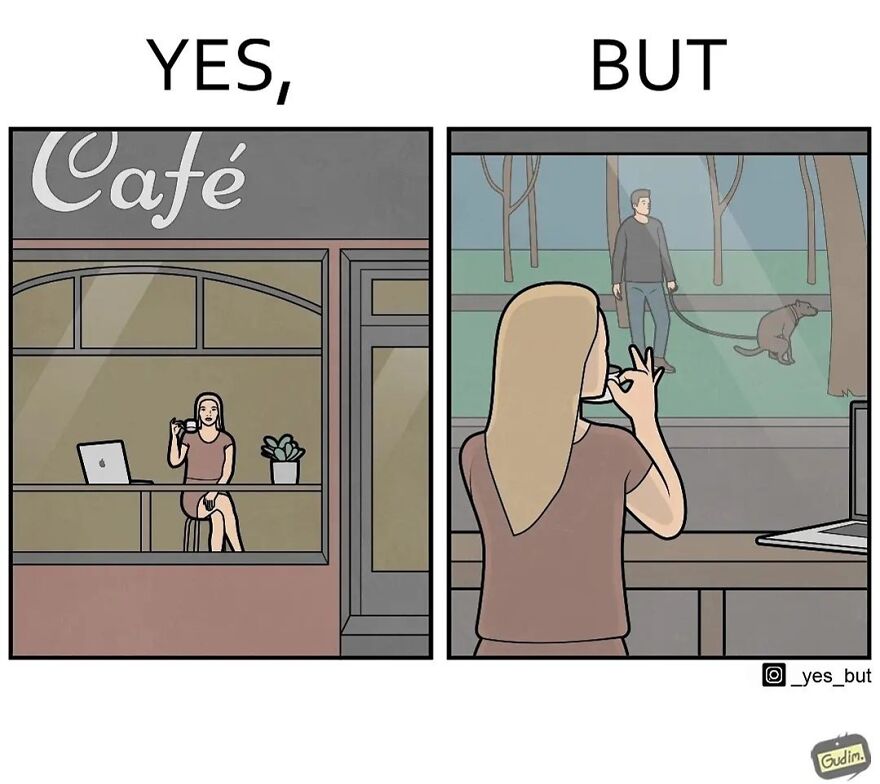 Illustration from Yes But series showing society's contradictions with a woman enjoying coffee while ignoring a dog outside.