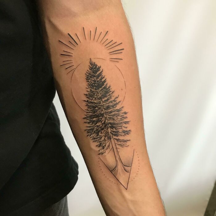 Tree tattoo on forearm with sunburst design, showcasing the wonders of nature.