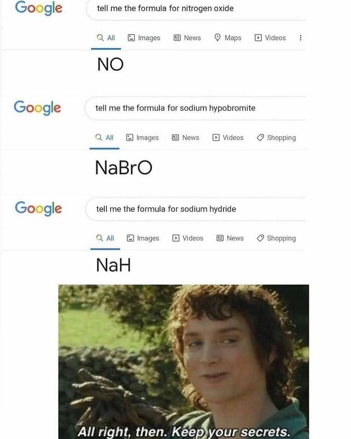 Chemistry meme with humorous formulas for nitrogen oxide, sodium hypobromite, and sodium hydride.