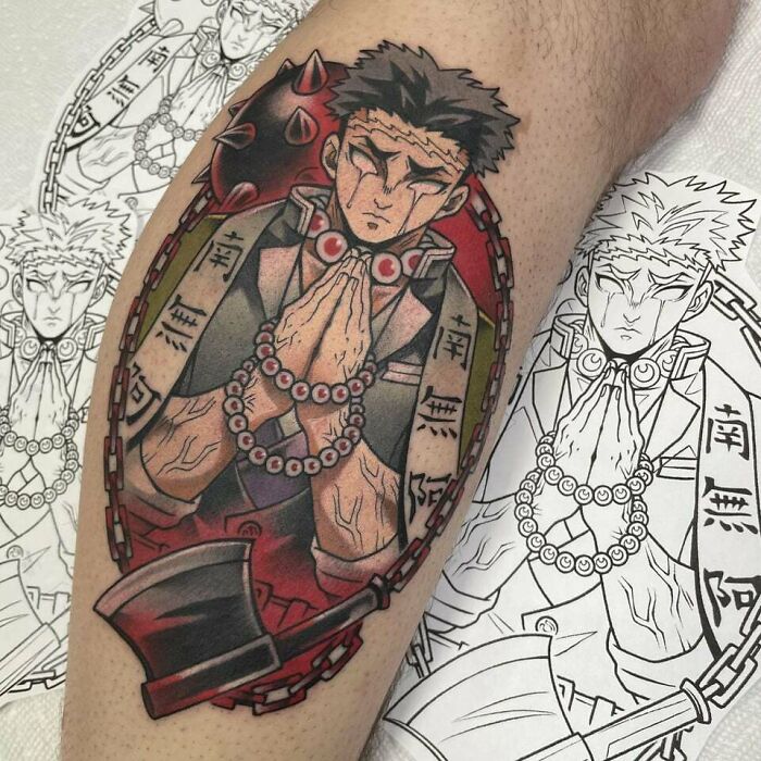 Anime tattoo of a character with closed eyes, hands in prayer, surrounded by beads, on a forearm.
