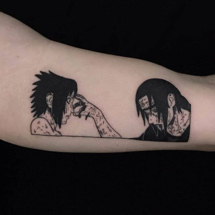 Anime tattoo on forearm depicting two characters facing each other, showcasing intricate linework and shading.