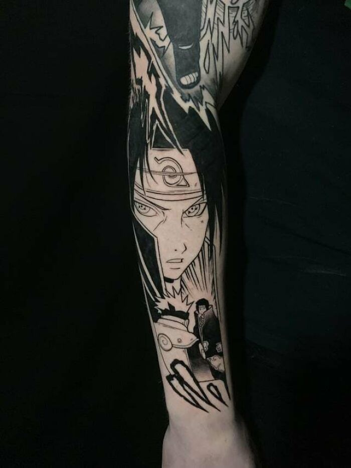Anime tattoo featuring a detailed character portrait on a forearm, showcasing intricate design elements.