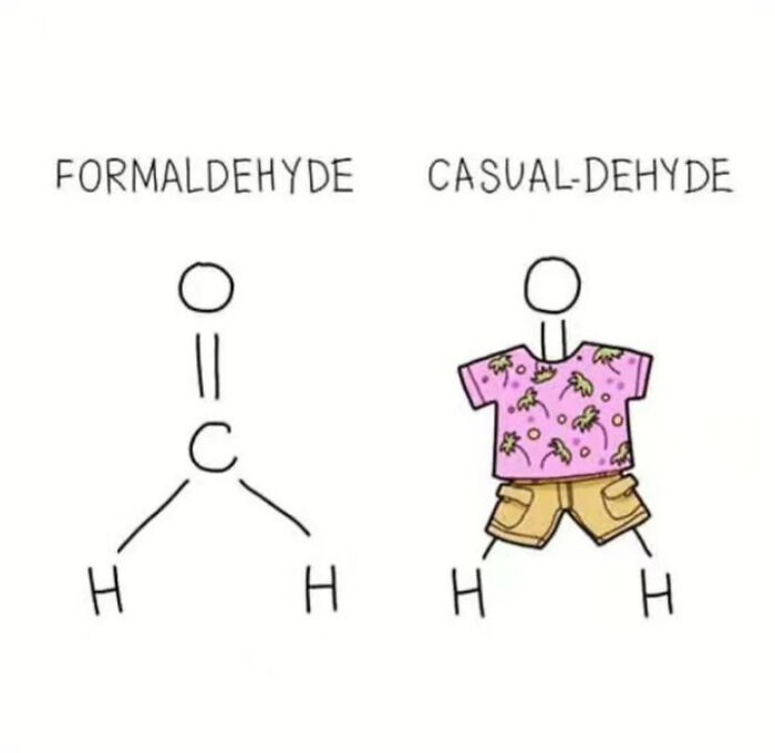Chemistry meme showing formaldehyde structure and a casual version with a shirt and shorts for humor.