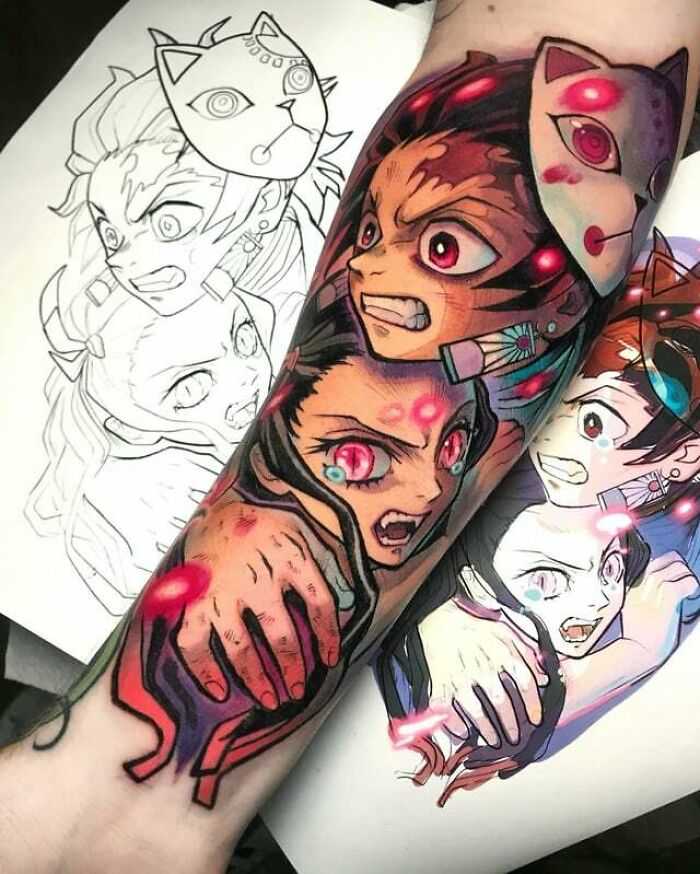 Anime tattoo featuring vibrant characters and sketches on arm, showcasing intricate and colorful design.