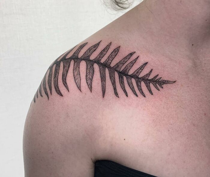 Fern-inspired collarbone tattoo on a person's shoulder.