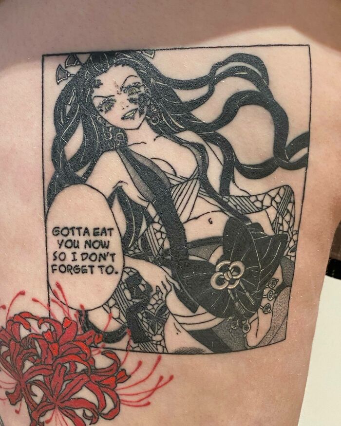 Anime tattoo featuring a character with long hair and intricate design, showcasing the caption "Gotta eat you now so I don't forget to."