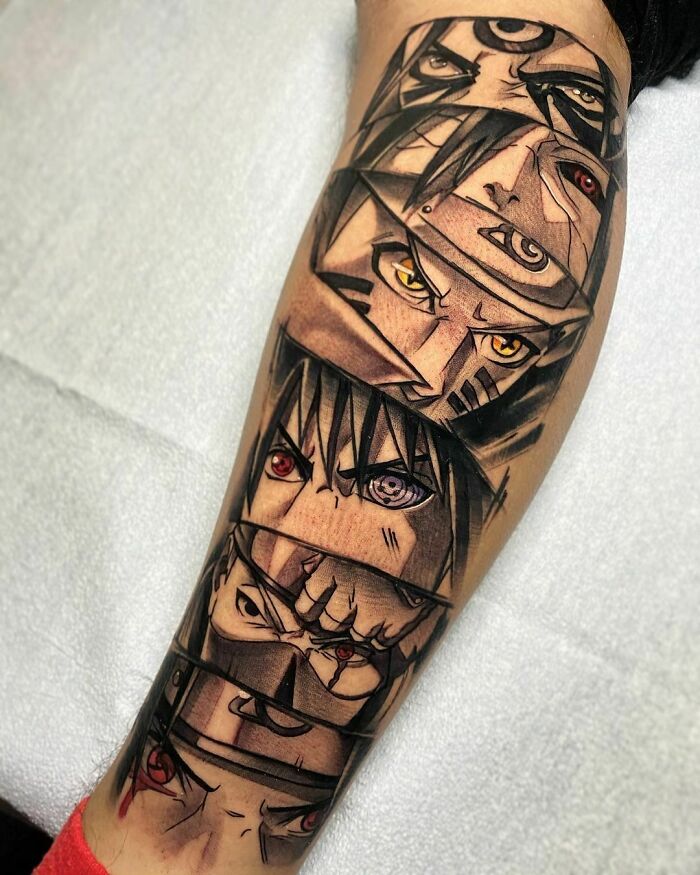 Anime tattoo sleeve featuring intense character eyes and expressions.
