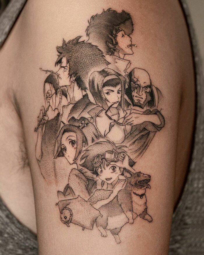 Anime tattoo featuring multiple characters in grayscale on an arm.