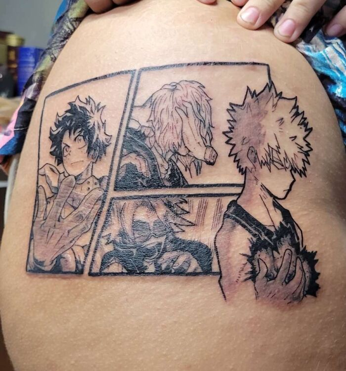 Anime tattoos featuring characters in a dynamic four-panel design on skin.