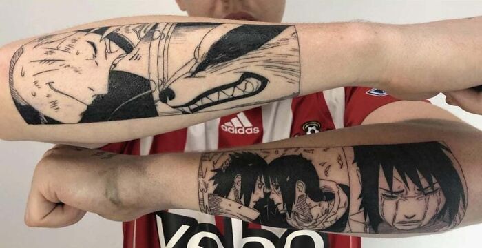 Anime tattoos featuring graphic black ink designs on forearms, inspired by popular anime series.