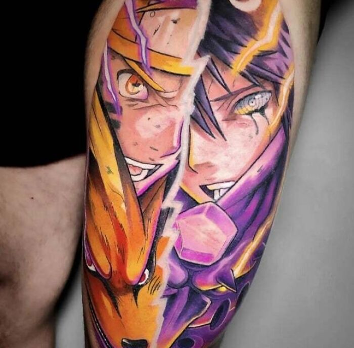 Anime tattoo featuring vibrant characters with intense expressions and vivid colors.