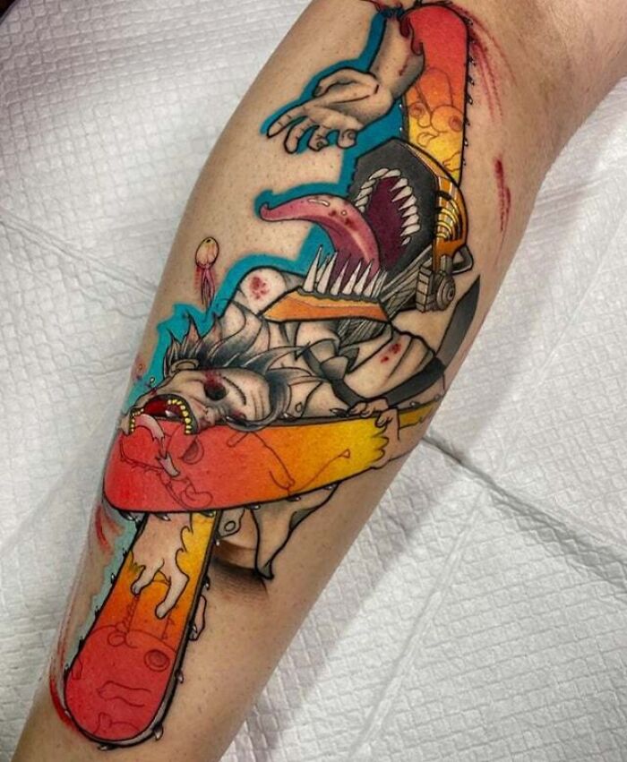 Colorful anime tattoo featuring dynamic characters on an arm, showcasing vibrant design and intricate detail.