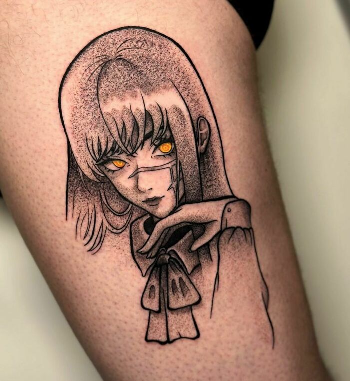 Anime tattoo of character with glowing eyes and sleek hair on skin, showcasing detailed artistry.