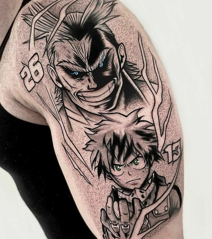 Anime tattoos featuring intense characters on a person's arm, showcasing detailed design and shading.