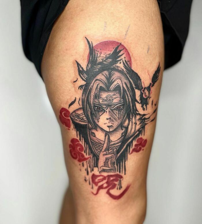 Anime tattoo featuring a detailed character design with a red sun and clouds on a person's thigh.