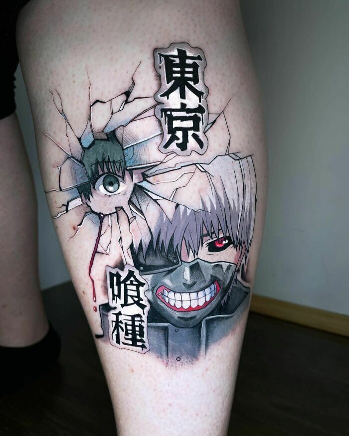 Anime tattoo with c*****d glass effect, featuring a character with silver hair and kanji text.