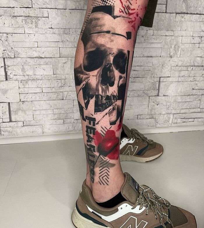Leg featuring a trash polka tattoo design with a skull and abstract patterns, highlighting bold red and black elements.