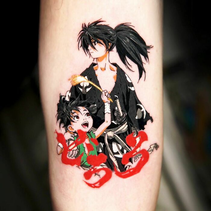Anime tattoo featuring two characters with dynamic expressions and vibrant colors, capturing the essence of anime art.