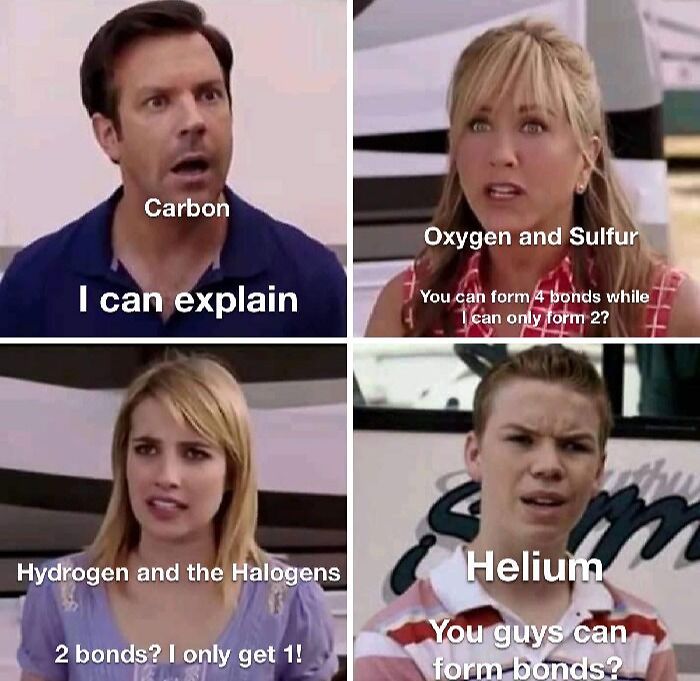 Chemistry meme with Carbon, Oxygen, Sulfur, Hydrogen, Halogens, and Helium humorously discussing bond formation.
