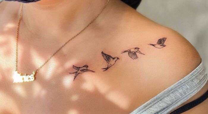 Bird designs on a collarbone tattoo for men and women.