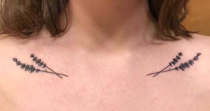 Lavender branch collarbone tattoos for men and women, minimalistic design.