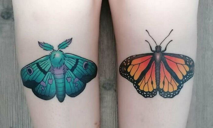 Colorful butterfly tattoos on legs showcasing vibrant designs and artistry.