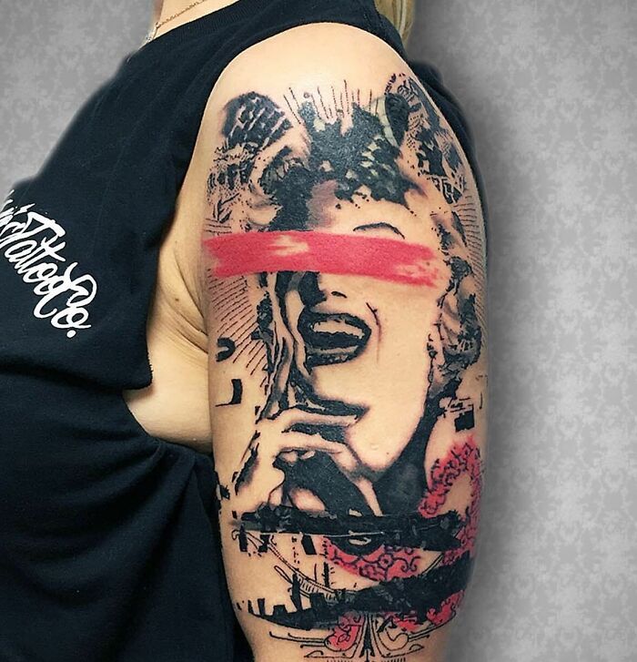 Trash Polka tattoo design featuring a stylized face with red brushstroke on arm.