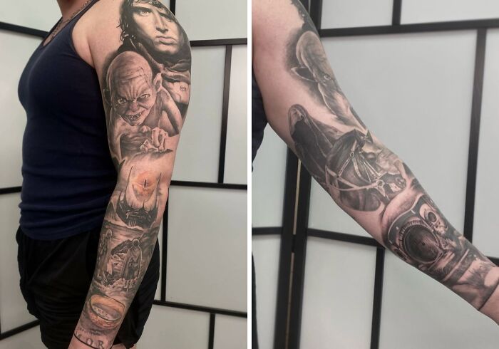 Detailed Lord of the Rings tattoo sleeve featuring Gollum and iconic scenes.
