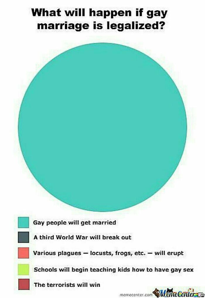 Pie chart humorously showing marriage outcomes after legalization, with focus on gay marriage.