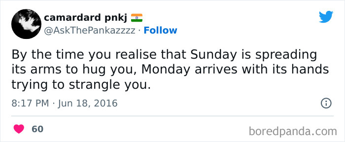 Tweet humorously comparing Sunday hugs and Monday struggles, related to Monday memes.