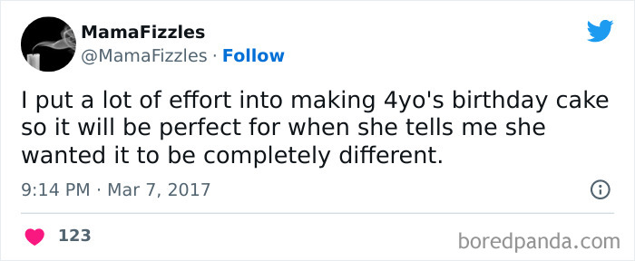 Funny meme tweet about a 4-year-old's birthday cake expectations differing from reality.