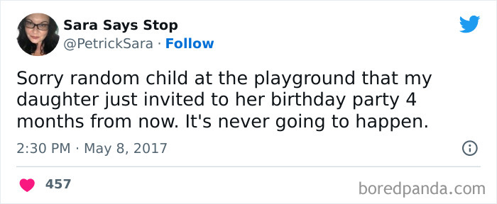 Tweet about a child's unrealistic birthday party invitation at a playground, adding humor to birthday celebrations.