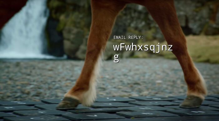 Icelandic horse walking on a giant keyboard by a waterfall, with an email reply text on screen.