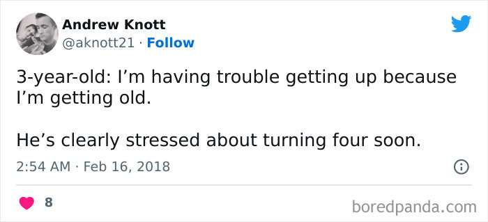 Funny happy birthday meme about a 3-year-old feeling old and stressed about turning four.