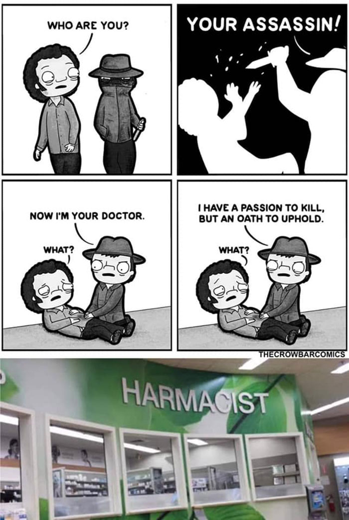 Comic panels featuring a dark humor science meme about a doctor and a photo of a pharmacy sign with a misspelled word.
