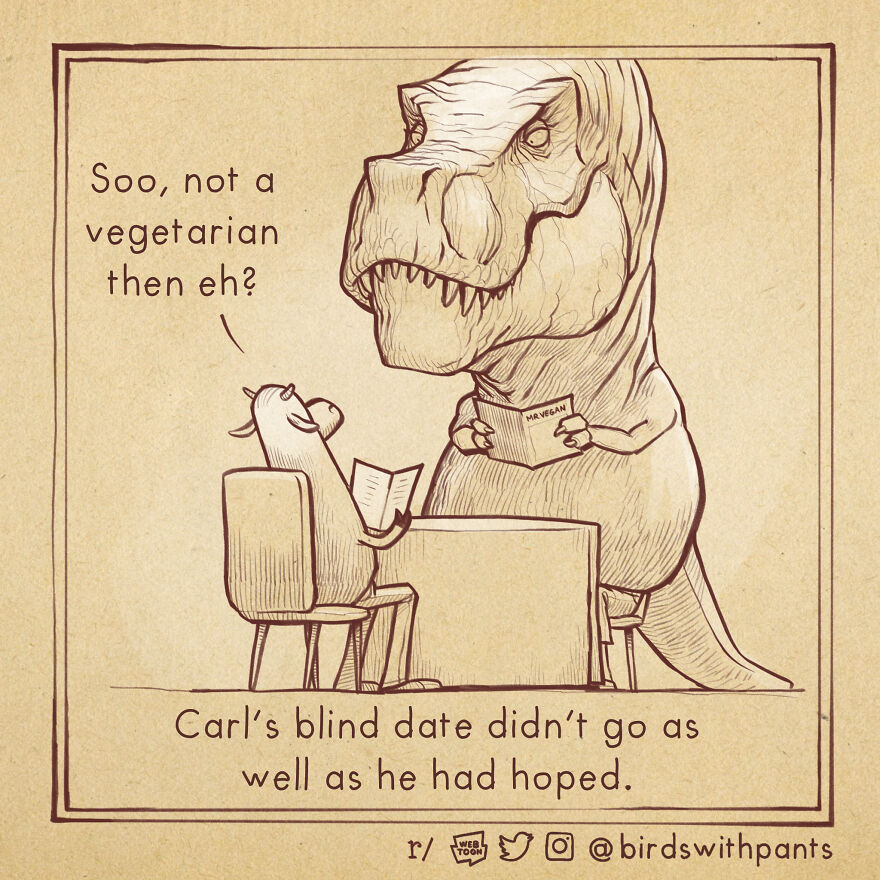 Birds With Pants, A Single Panel Comic About Animals Trying To Be Human