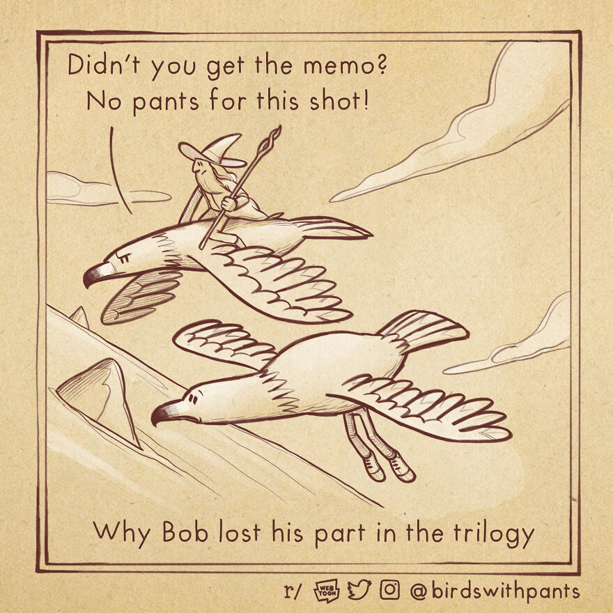 Birds With Pants, A Single Panel Comic About Animals Trying To Be Human