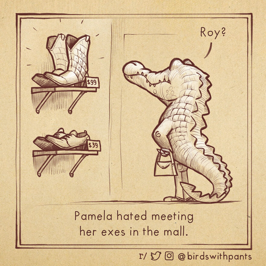 Birds With Pants, A Single Panel Comic About Animals Trying To Be Human