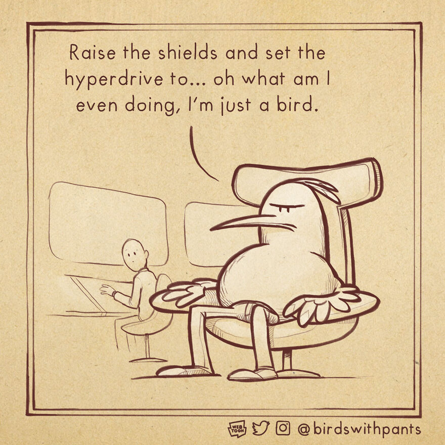 Birds With Pants, A Single Panel Comic About Animals Trying To Be Human