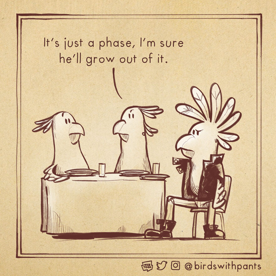 Birds With Pants, A Single Panel Comic About Animals Trying To Be Human