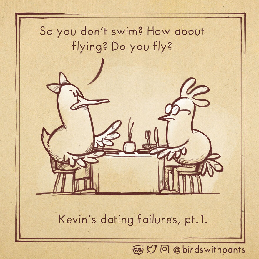 Birds With Pants, A Single Panel Comic About Animals Trying To Be Human