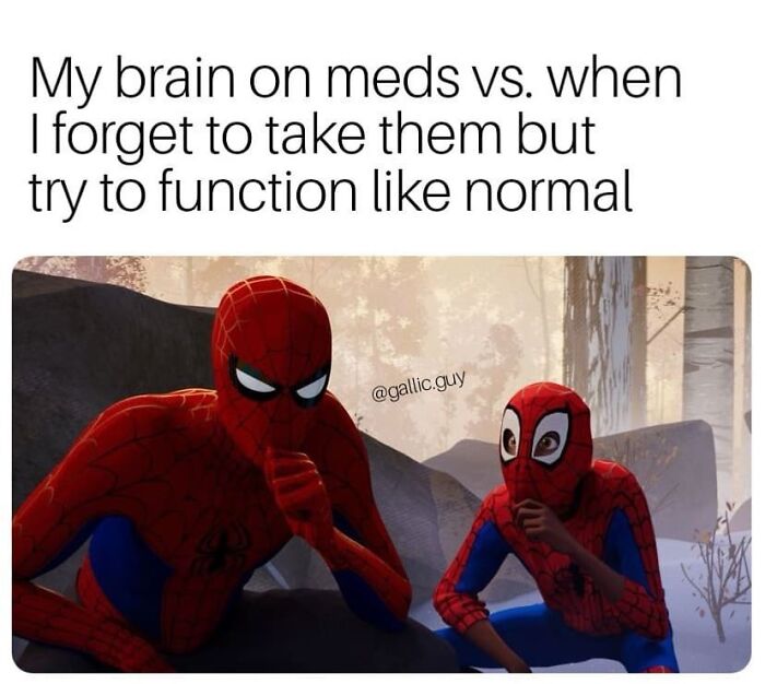 Two Spider-Man characters crouched, illustrating a mental health meme about medication.