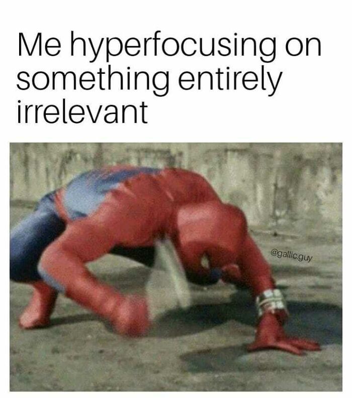 Spiderman meme humorously depicting mental health focus challenges.