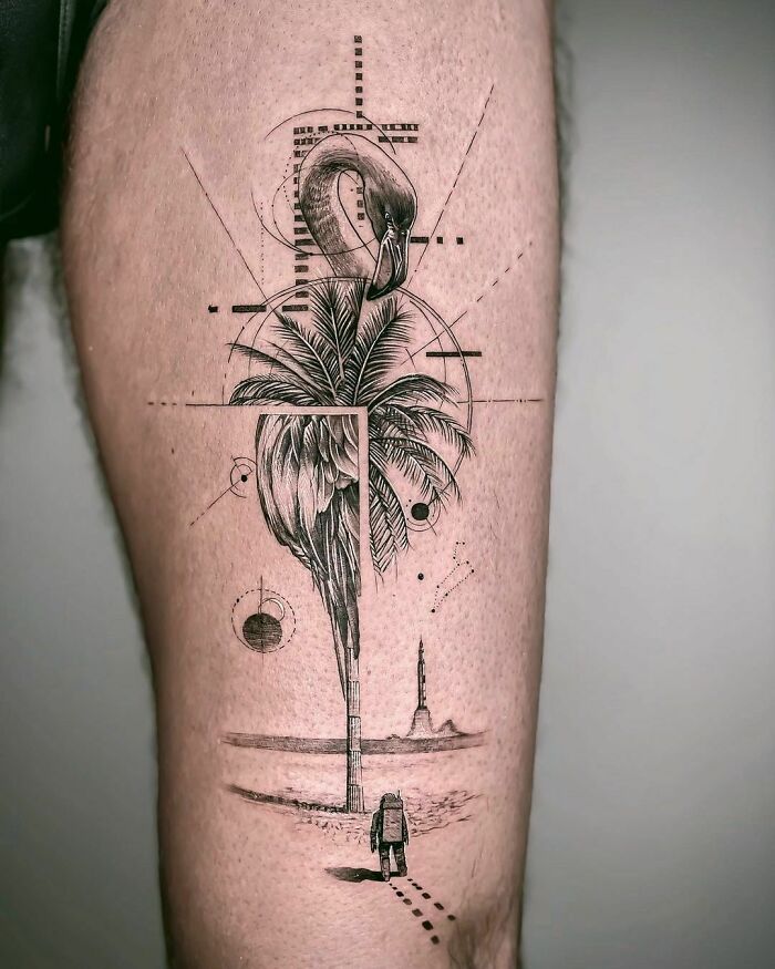 Geometric tree tattoo with palm leaf and flamingo design on arm, blending nature with intricate details.