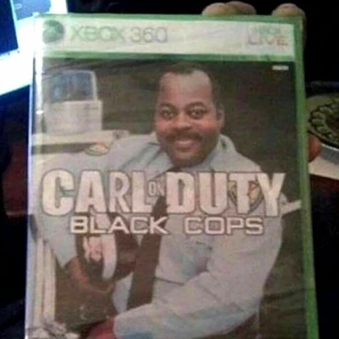 Cursed meme featuring a parody video game cover titled "Carl on Duty: Black Cops" for Xbox 360.