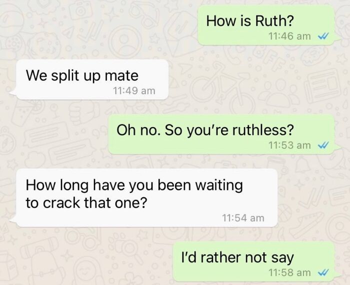 Text exchange meme about life, featuring a pun involving the name Ruth and "ruthless."