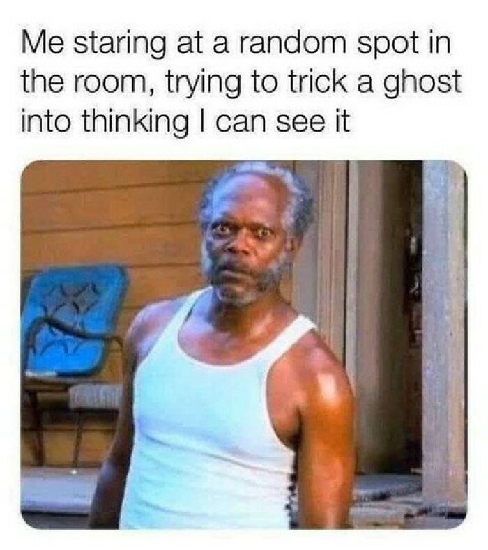 A man in a white tank top looks surprised; funny meme about life shared by Punsworld IG page.